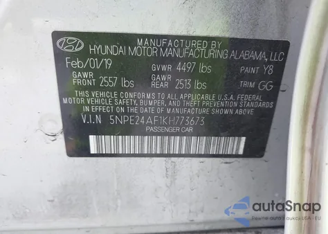 2019 Hyundai Sonata Se z USA, uszkodzony, nr VIN 5NPE24AF1KH773673